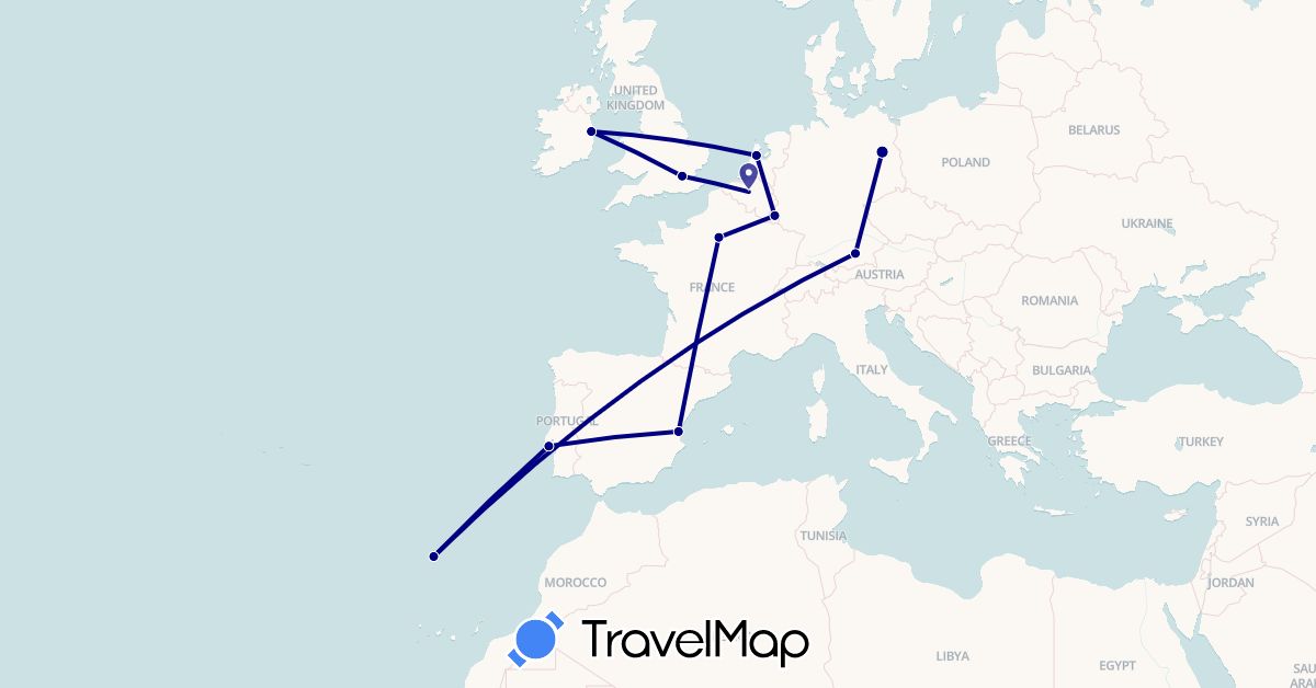 TravelMap itinerary: driving in Belgium, Germany, Spain, France, United Kingdom, Ireland, Luxembourg, Netherlands, Portugal (Europe)